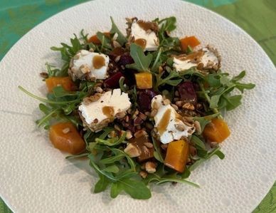 Beets arugula and goat cheese salad with balsamic vinaigrette